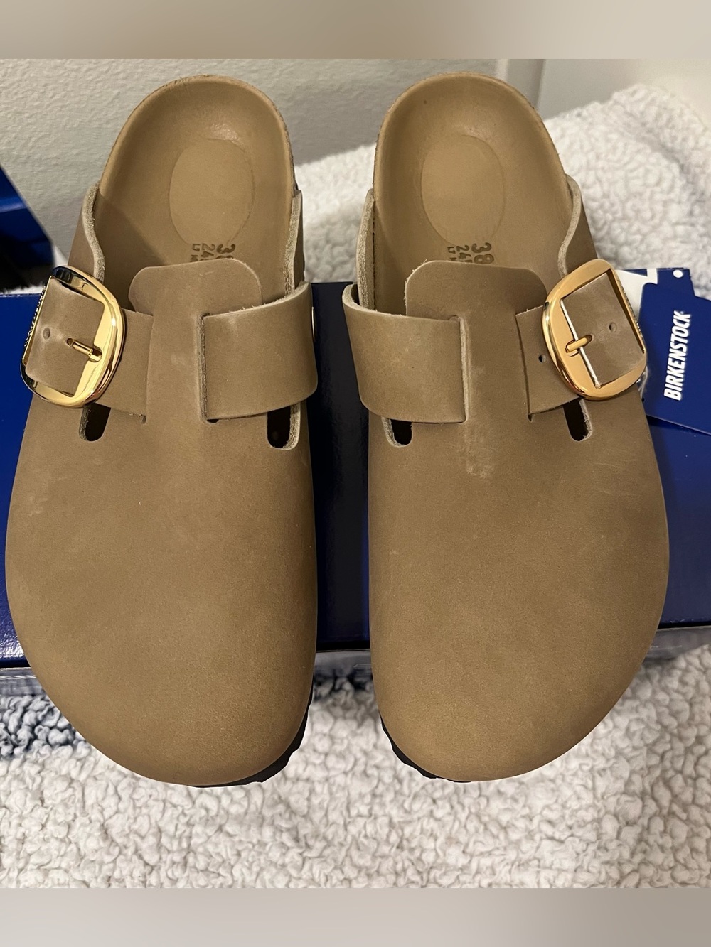 Birkenstock Boston Clog in Taupe Suede with Gold Buckle